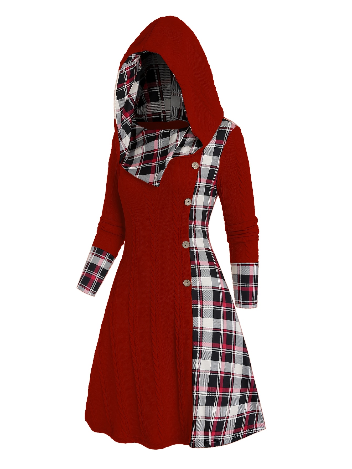 Plaid Print Knitted Hooded Dress, Fake Buckle High Waist, Long Sleeve A-line Dress