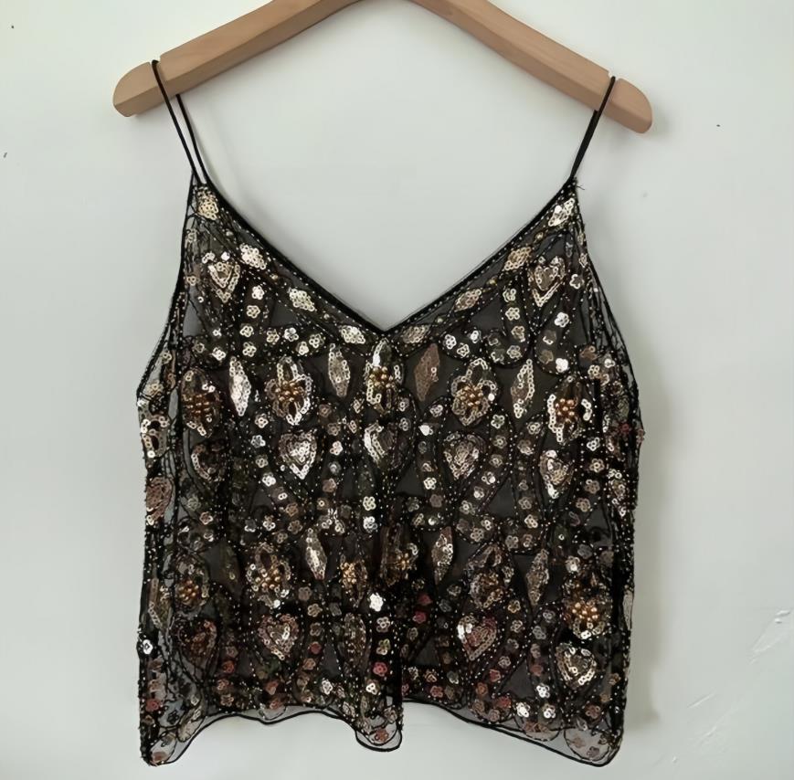 Trendy Women's Sleeveless V Neck Camisoles, Sequins Beads Flower Pattern Vests, Open Back See-Through Chic Summer Camis