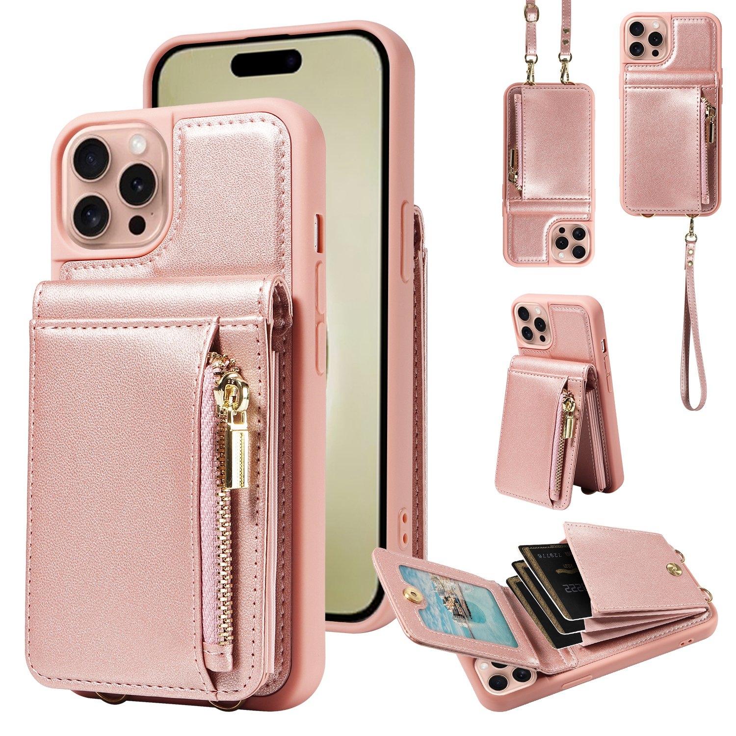 Leather Crossbody iPhone Wallet Case with Zipper Pocket & Lanyard Strap