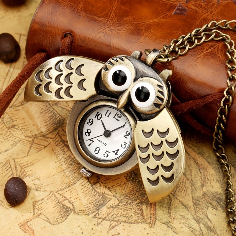 Vintage Owl Pocket Watch Necklace Retro Quartz Pendant Timepiece Gift
