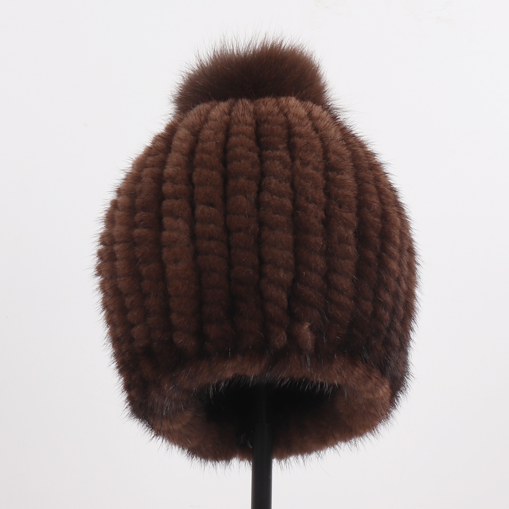 Winter Women Genuine Mink Fur Hat Hand Knitted Warm Cap with Real Mink Fur and Fox Fur Pompoms