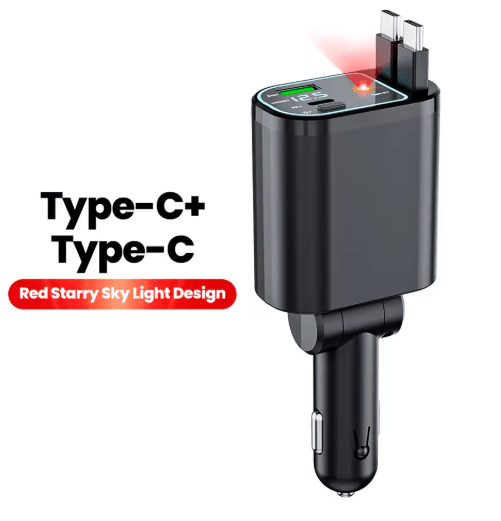4 in 1 Car Charger with Dual Retractable Cables – USB C Car Fast Charger with Star Lights