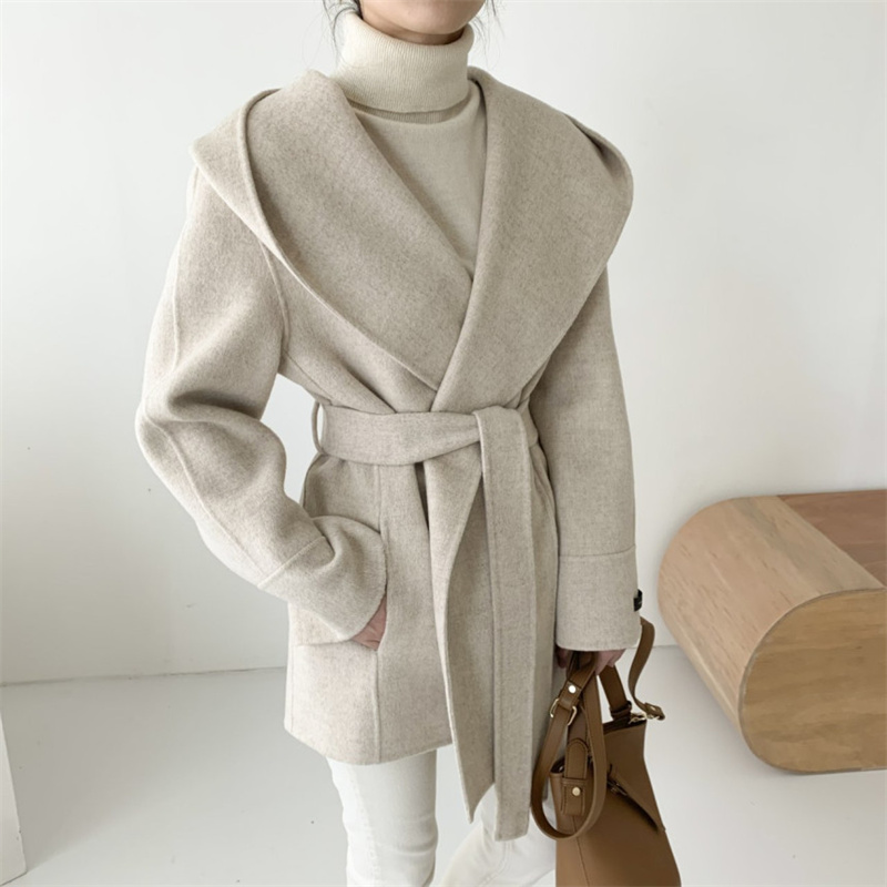 Elegant Solid Color Hooded Jacket Ladies, Lace Up Woolen Jacket Outerwear Vintage Style Woolen Coat Women Autumn Winter