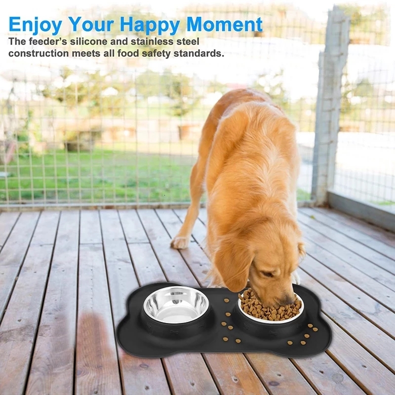 Double Dog Bowl Stainless Steel Pet Feeding Station with Non Slip Silicone Mat