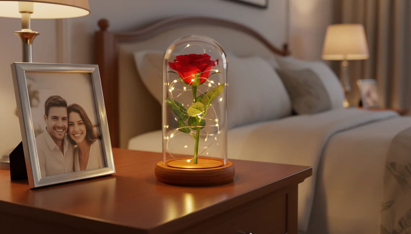 Red Rose in Glass Dome with Wooden Base & LED Lights