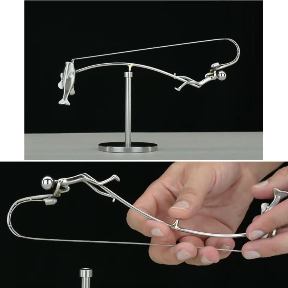 Metal Fisherman Balancing Sculpture, Handmade Kinetic Fishing Statue Desk Ornament Gift for Fisherman Lovers