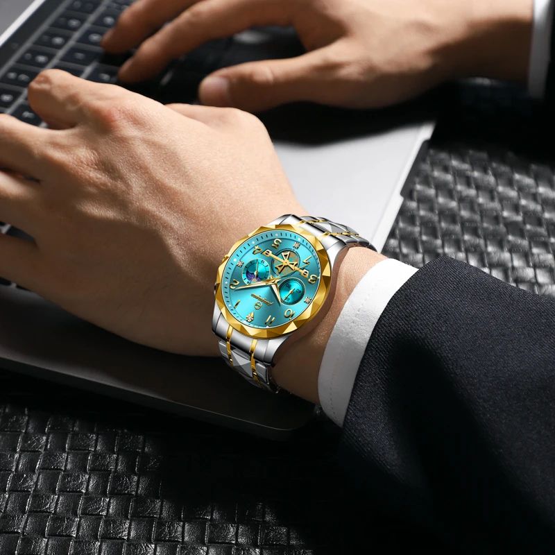 PAAZOMU Luxury Stainless Steel Men's Chronograph Quartz Watch with Moon Phase