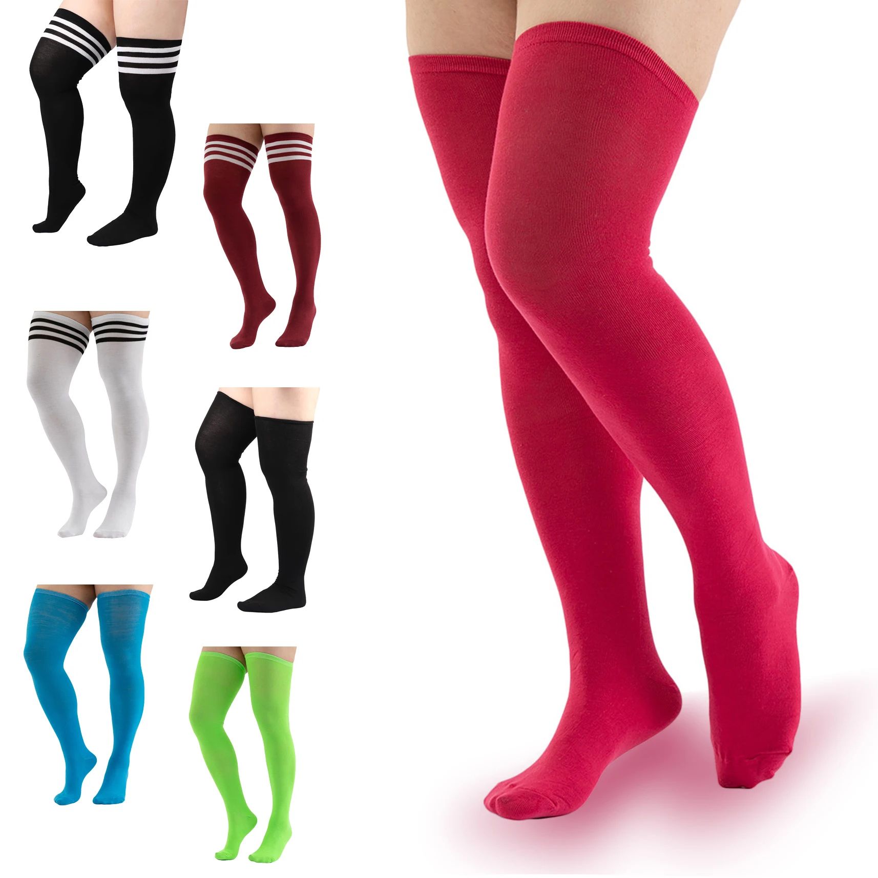 Fashion Plus Size Over Knee Socks for Women Solid Knee High Warmers Stretchy Multi-Color
