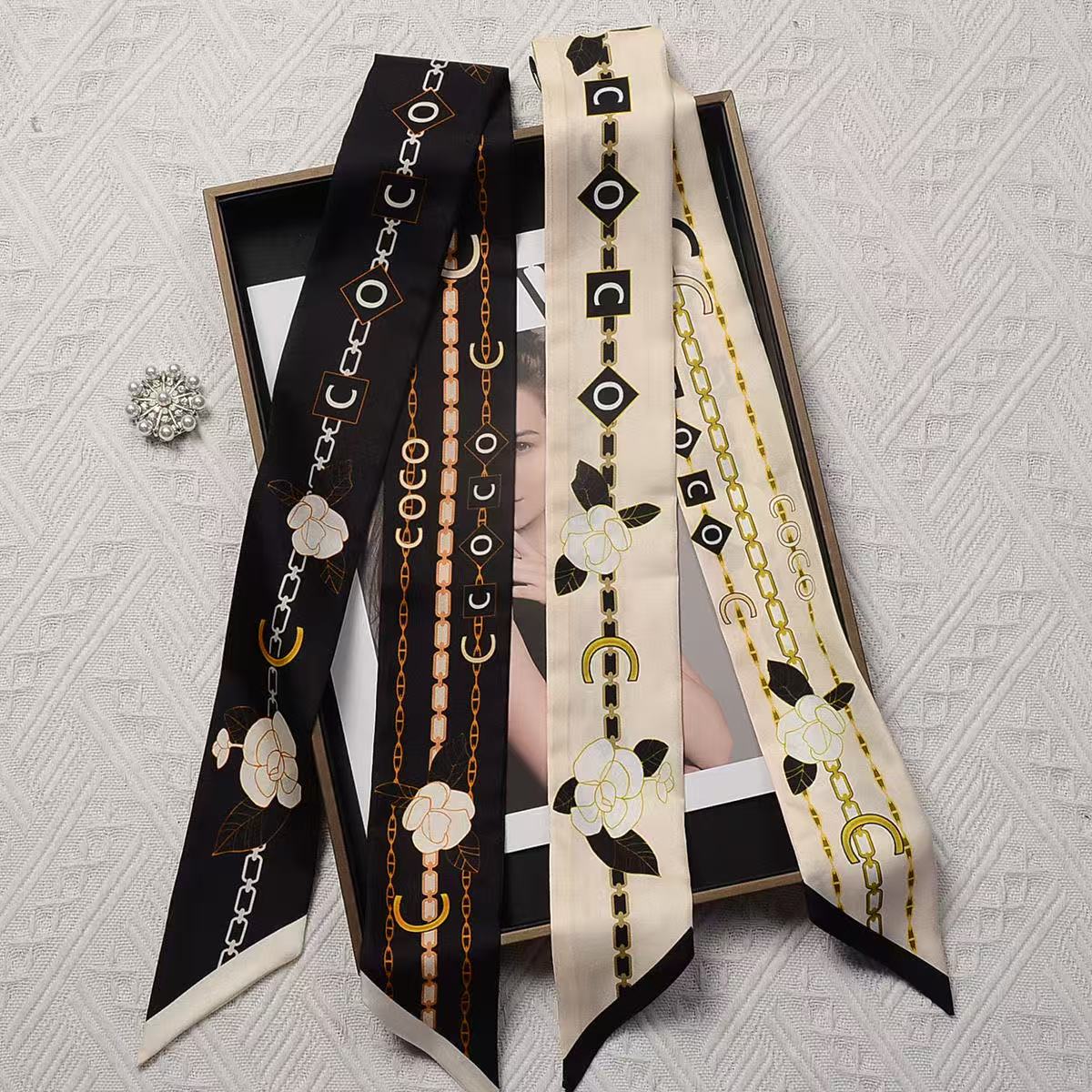 Women's Double-sided Twill Thin Ribbon Headband, French Elegant Black and White Tied Handle Bag, Long Small Silk Scarf