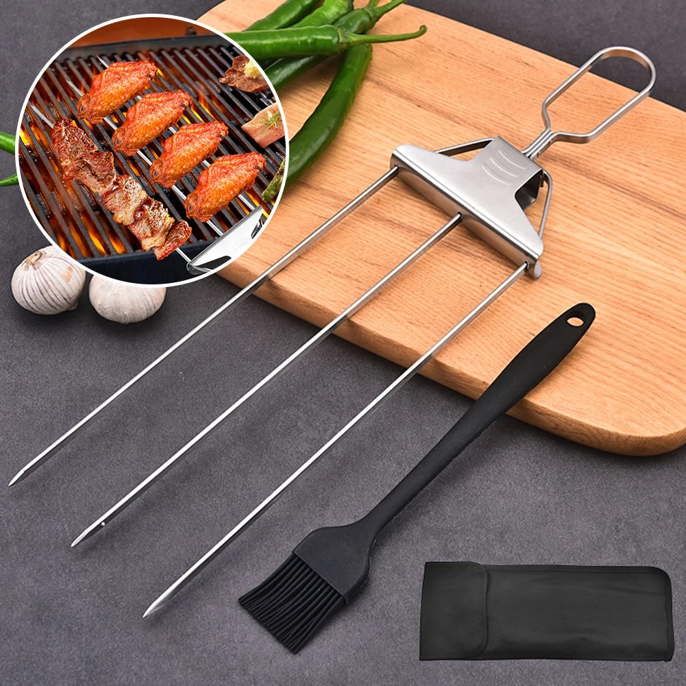 Reusable 3-Way Stainless Steel BBQ Skewers with Oxford Cloth Bag – Durable Grill Fork for Meat, Veggies & Shrimp