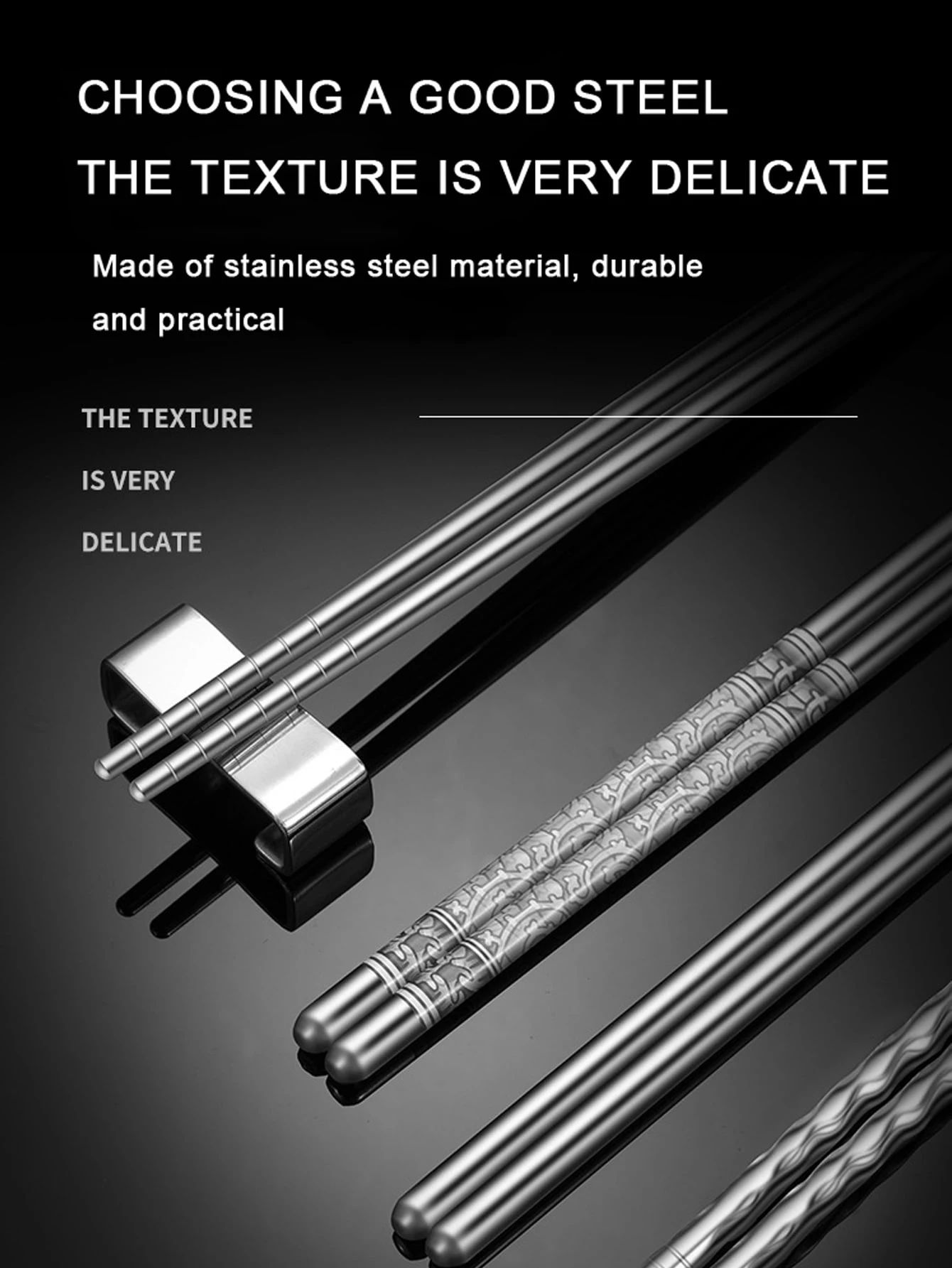 6 Pairs Stainless Steel Chopsticks Set – 8.8in Reusable Non-Slip Metal Chopsticks with Blue & White Design