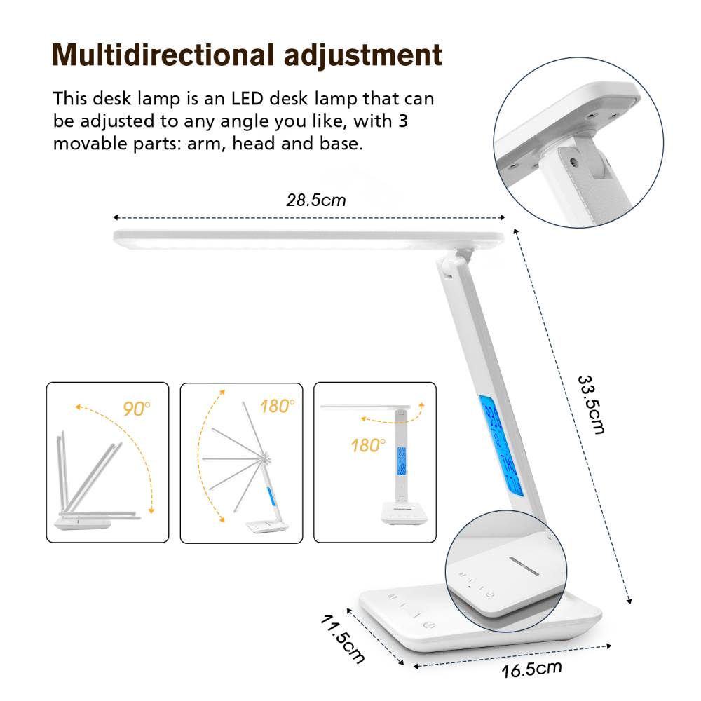 Wireless Charging LED Desk Lamp, Calendar Temperature Display, Eye Protect Study Light, Alarm Clock Table Lamp