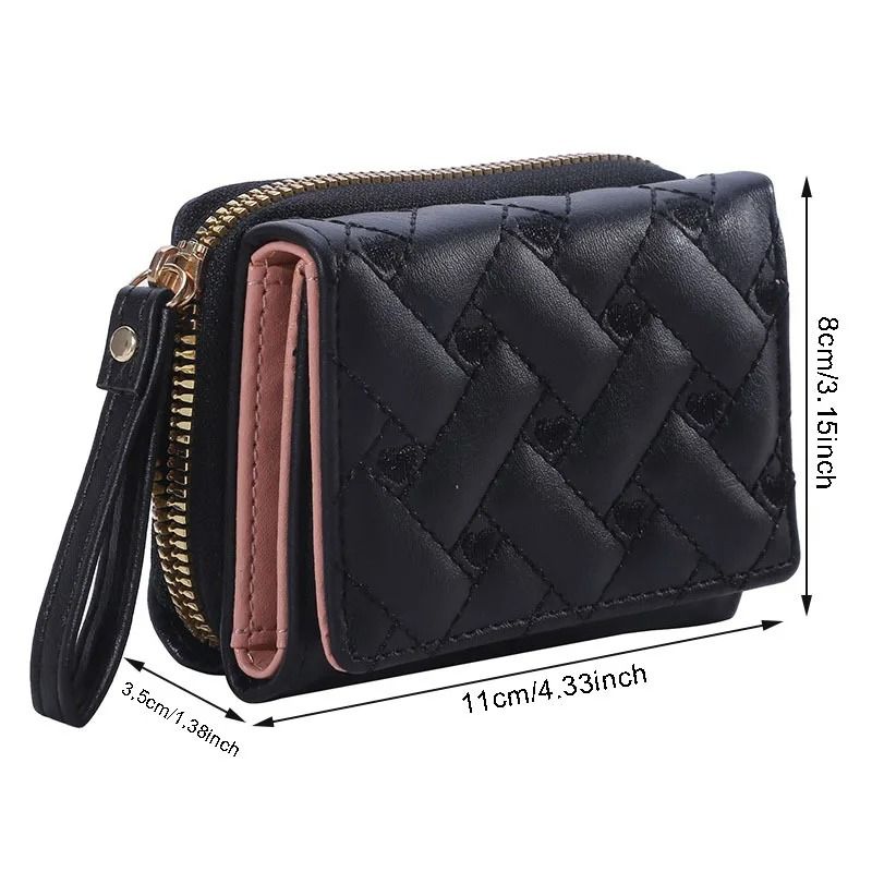 Women PU Leather Embroidered Love Trifold Small Wallet Card Holder