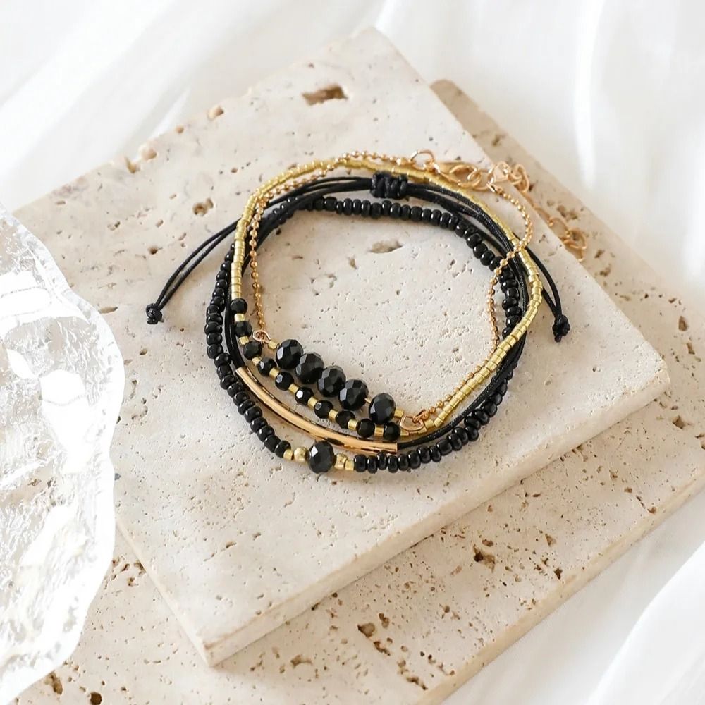 4 Piece Black Glass Stone Bracelet Set