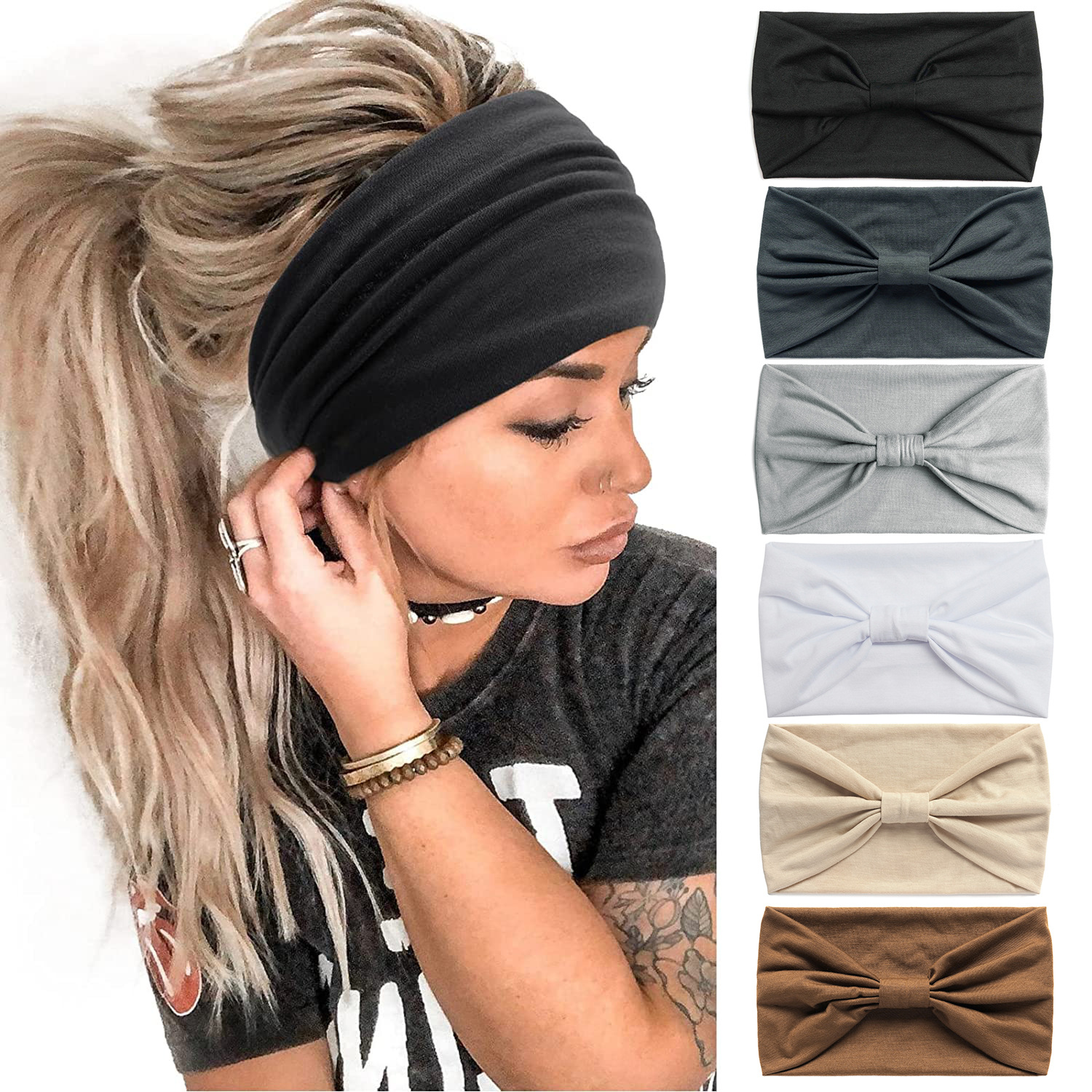 Stylish Wide Headbands for Women, Cotton Boho Hair Wraps, Yoga Sport Turban, Non Slip Bandana Accessories