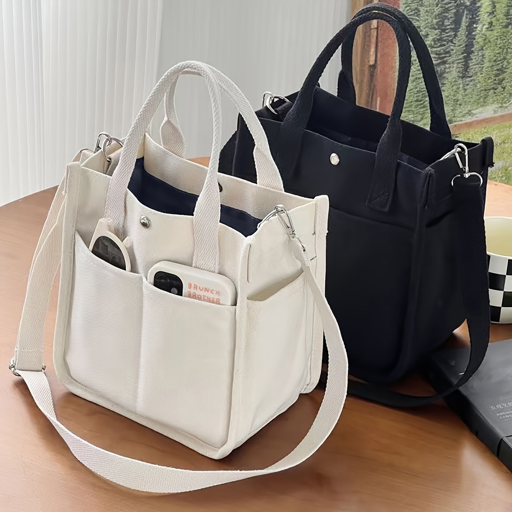 Cute Small Canvas Tote Bag with Pockets Crossbody Bags for Women Office Work Handbags Shoulder Purse Lunch Bag