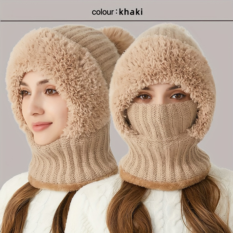 Winter Warm Knitted Hat Fashion Windproof Scarf Mask One-piece Hat with Fluff Thickening for Women