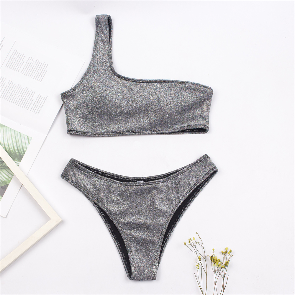 One Shoulder Women Sexy Bikini Set, Biquini Ladies Blingbling Swimsuit, Two Piece Glitter Swimwear, Solid Color Bathing