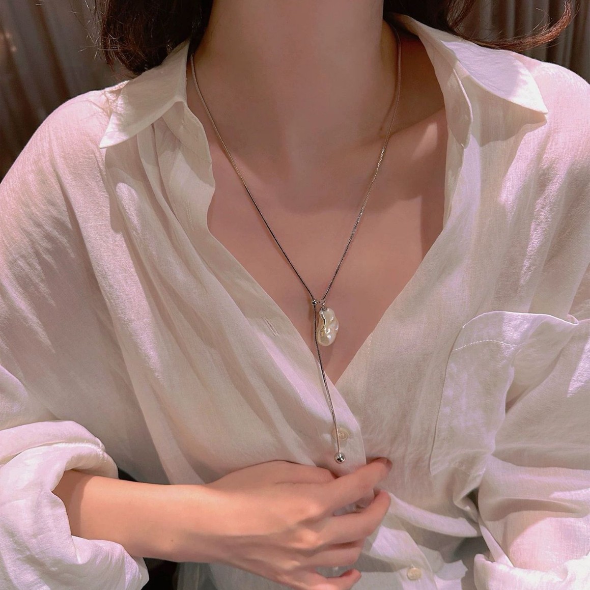 Baroque Pearl Stainless Steel Long Necklace Adjustable Chain Jewelry for Women