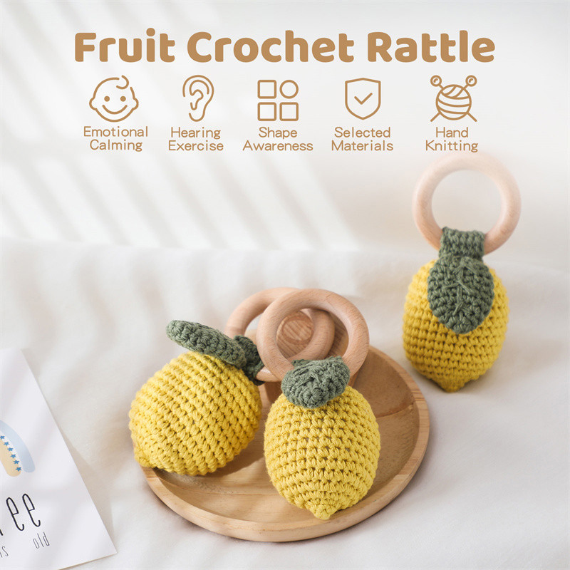 Wooden Lemon Rattle Baby, Teether Rodent Newborn Rattle Teether Gifts Toys, Baby Crochet Lemon Rattles Fruit Cotton