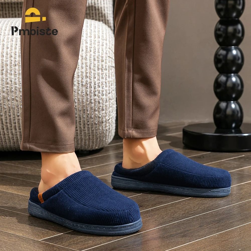 Mens Warm Slippers Memory Foam Non Slip Corduroy House Shoes