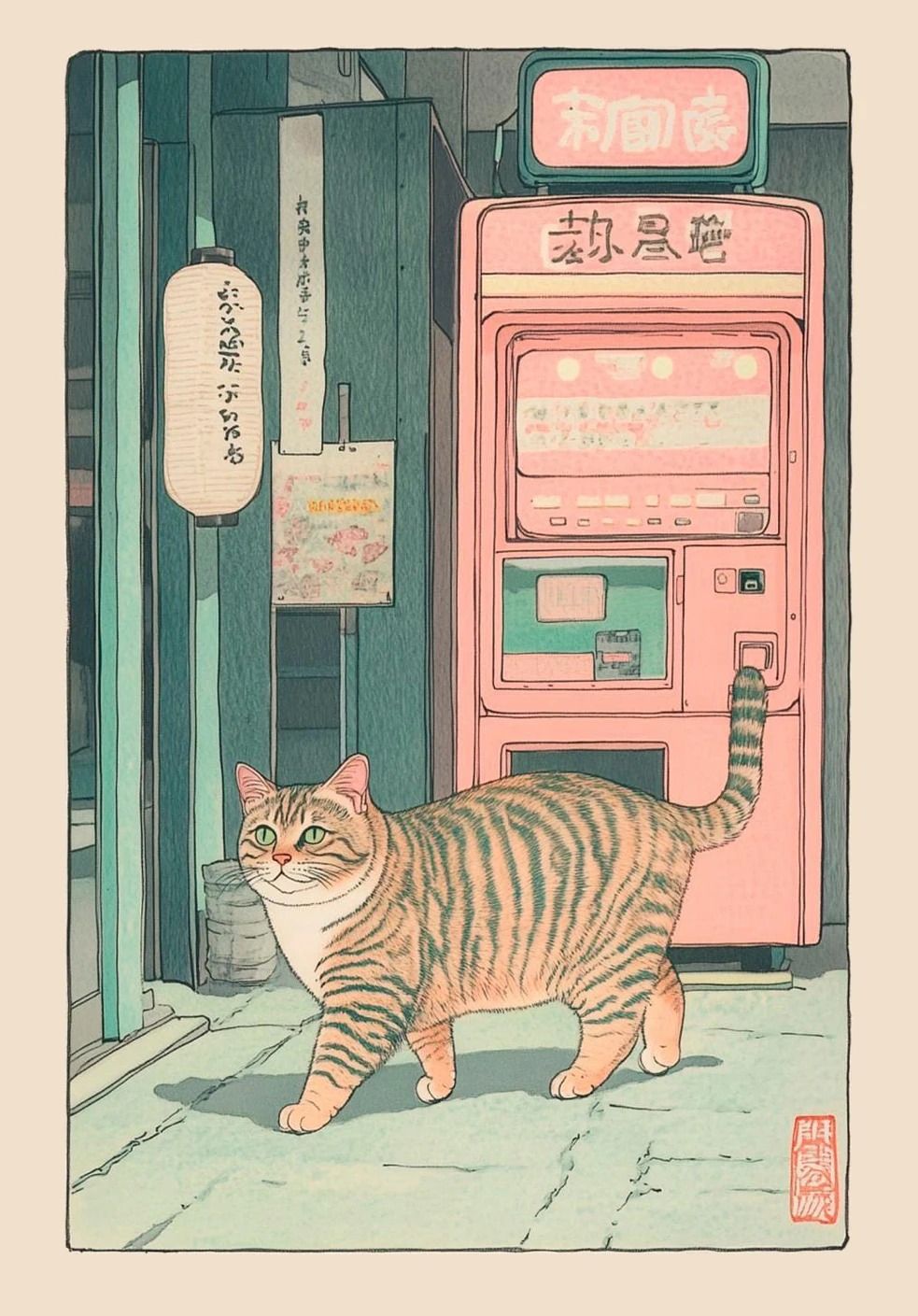 Japanese Tabby Cat in Bathtub | Retro Aesthetic Japandi Canvas Art