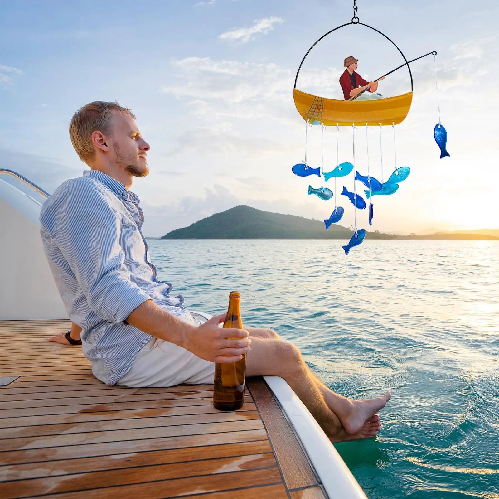 21in Blue Sea Glass Fish Wind Chimes – Coastal Outdoor Suncatcher Garden Decor Gift for Women & Mom