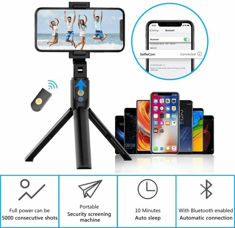 Bluetooth Selfie Stick Tripod Stand, Extendable Remote Desktop Cell Phone Holder, Adjustable Lightweight Travel Tripod