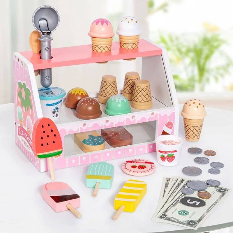 Wooden Ice Cream Pretend Toy Set for Kids, Colorful Dessert Play Set