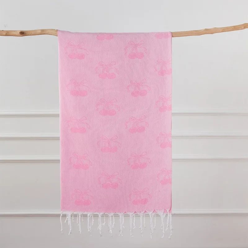 Turkish Cotton Cherry Bow Beach Towel – Quick-Dry Fringed Bath & Sauna Towel for Kids & Family