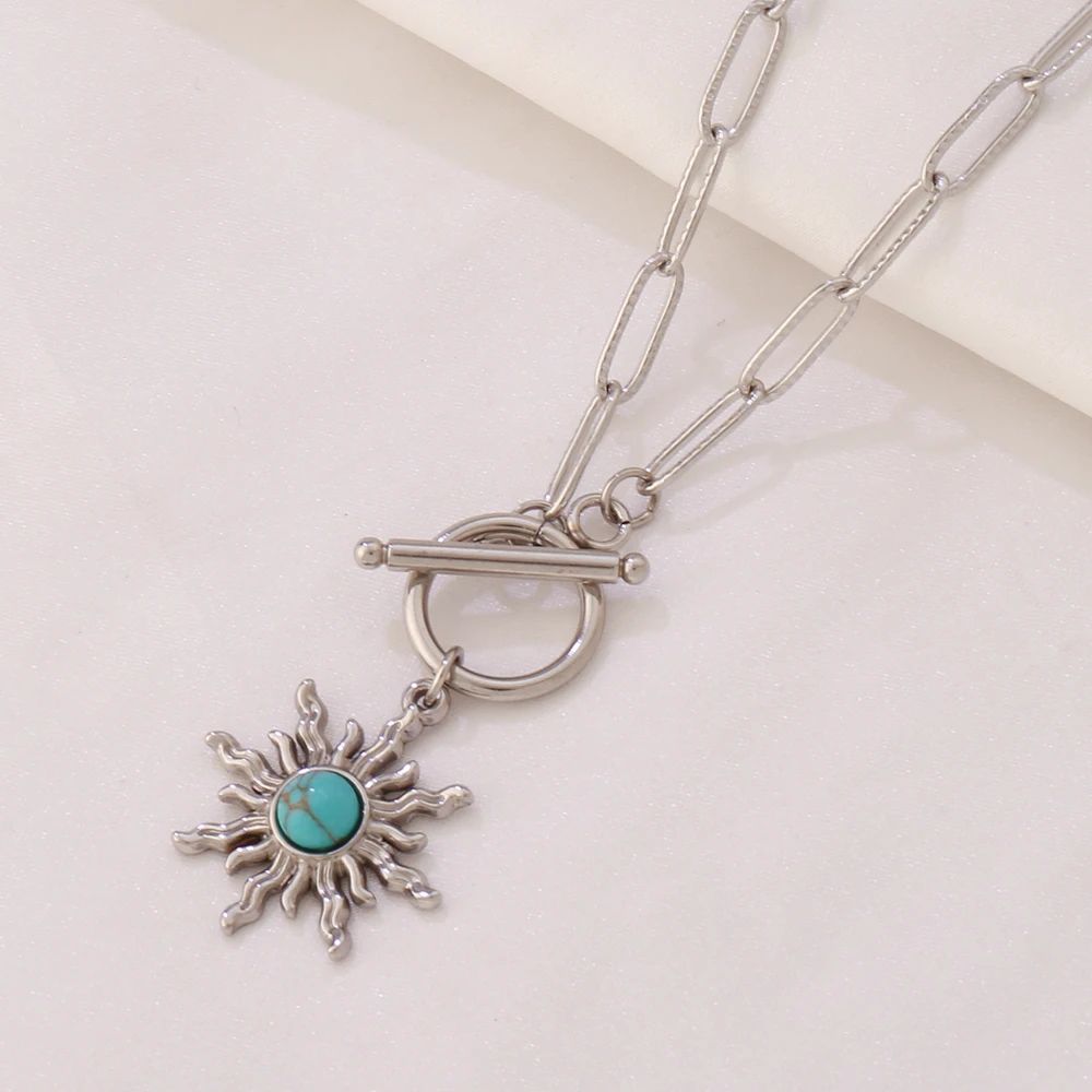 Celestial Turquoise Sun Pendant Necklace – Gold Stainless Steel Sun Pendant Necklace for Women