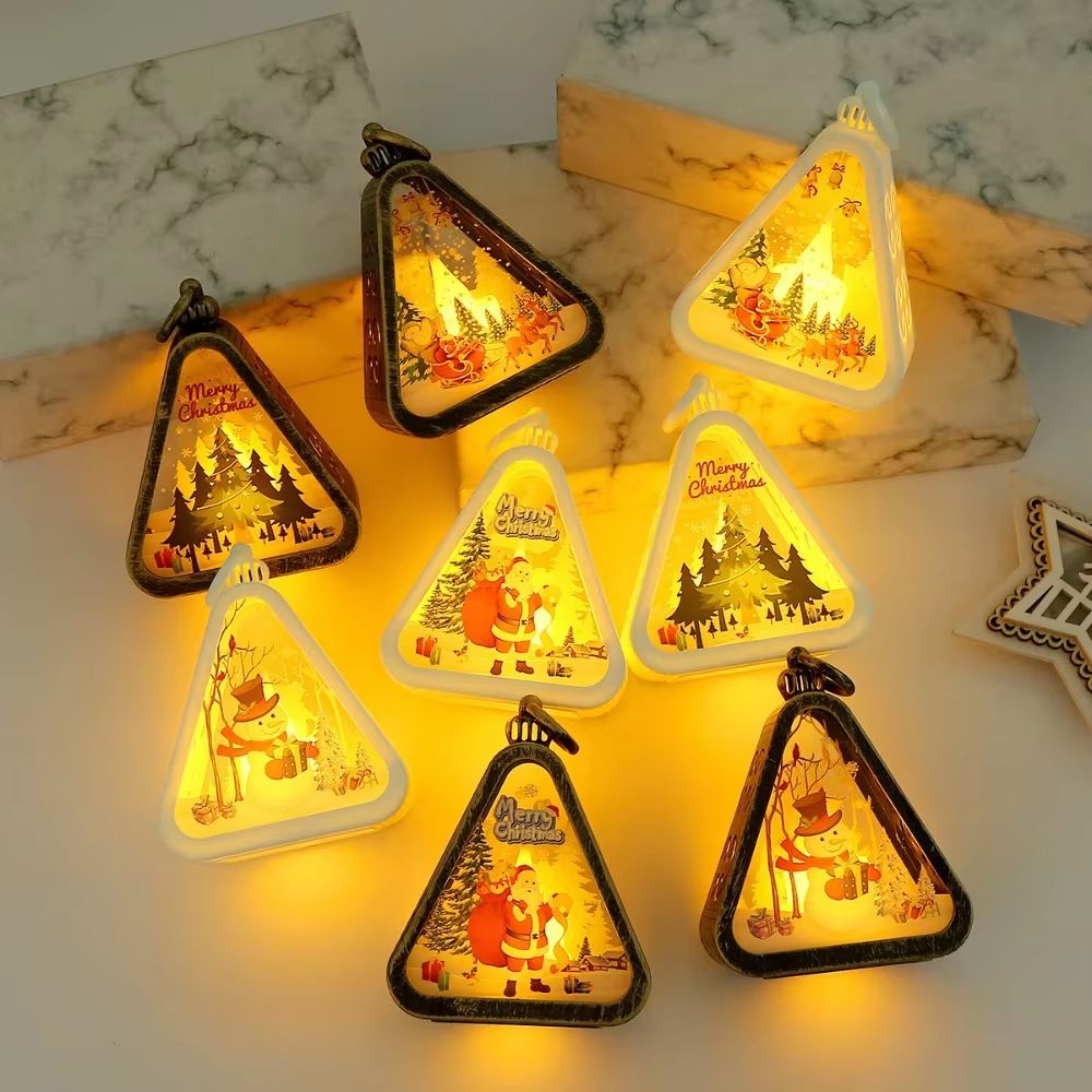 FestiveGlow LED Triangle Lantern – Santa & Snowman Christmas Table Lamp