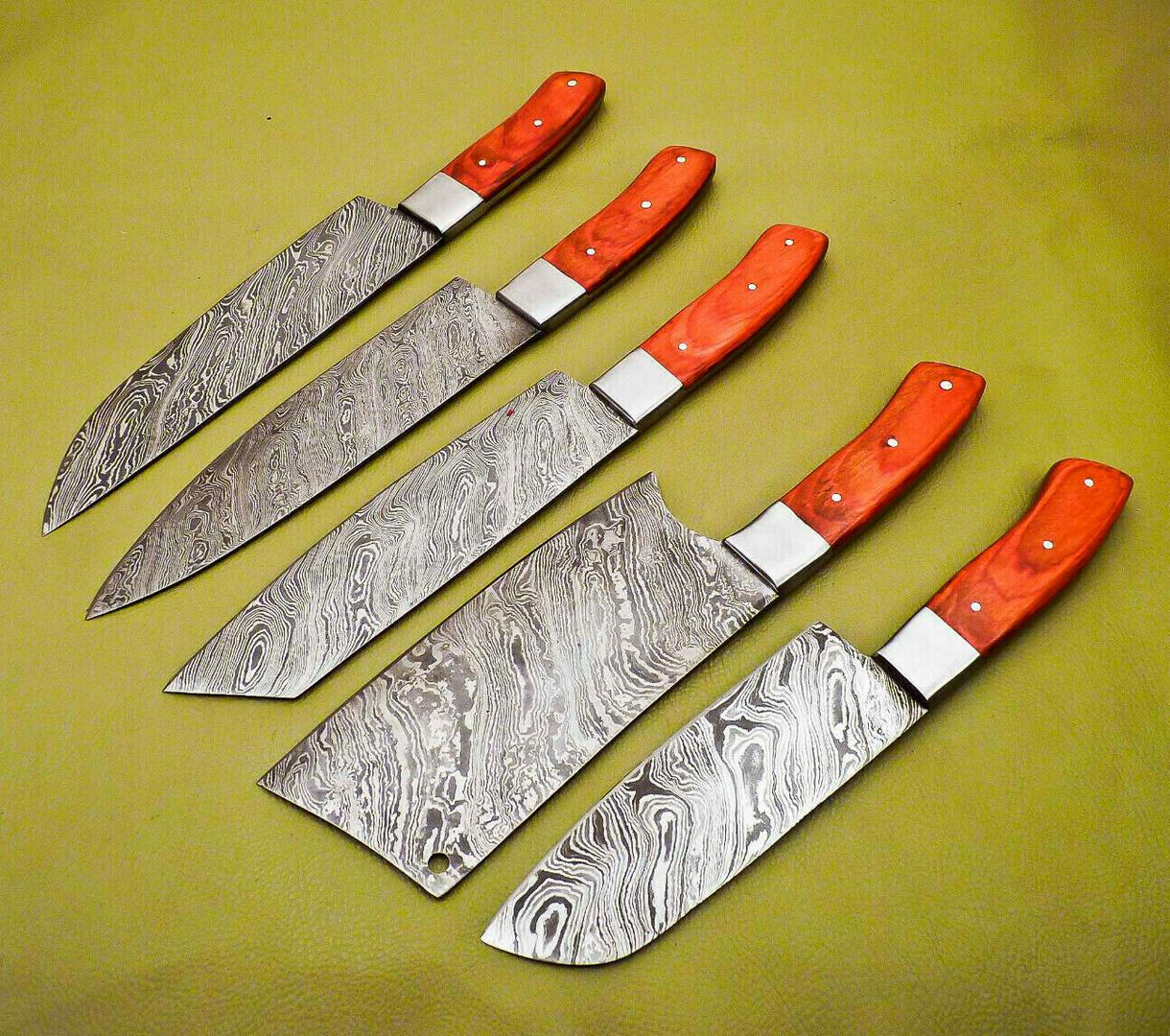 Premium Handmade Damascus Steel Chef Knives Lot of 5 | Hardwood Handle Kitchen Set