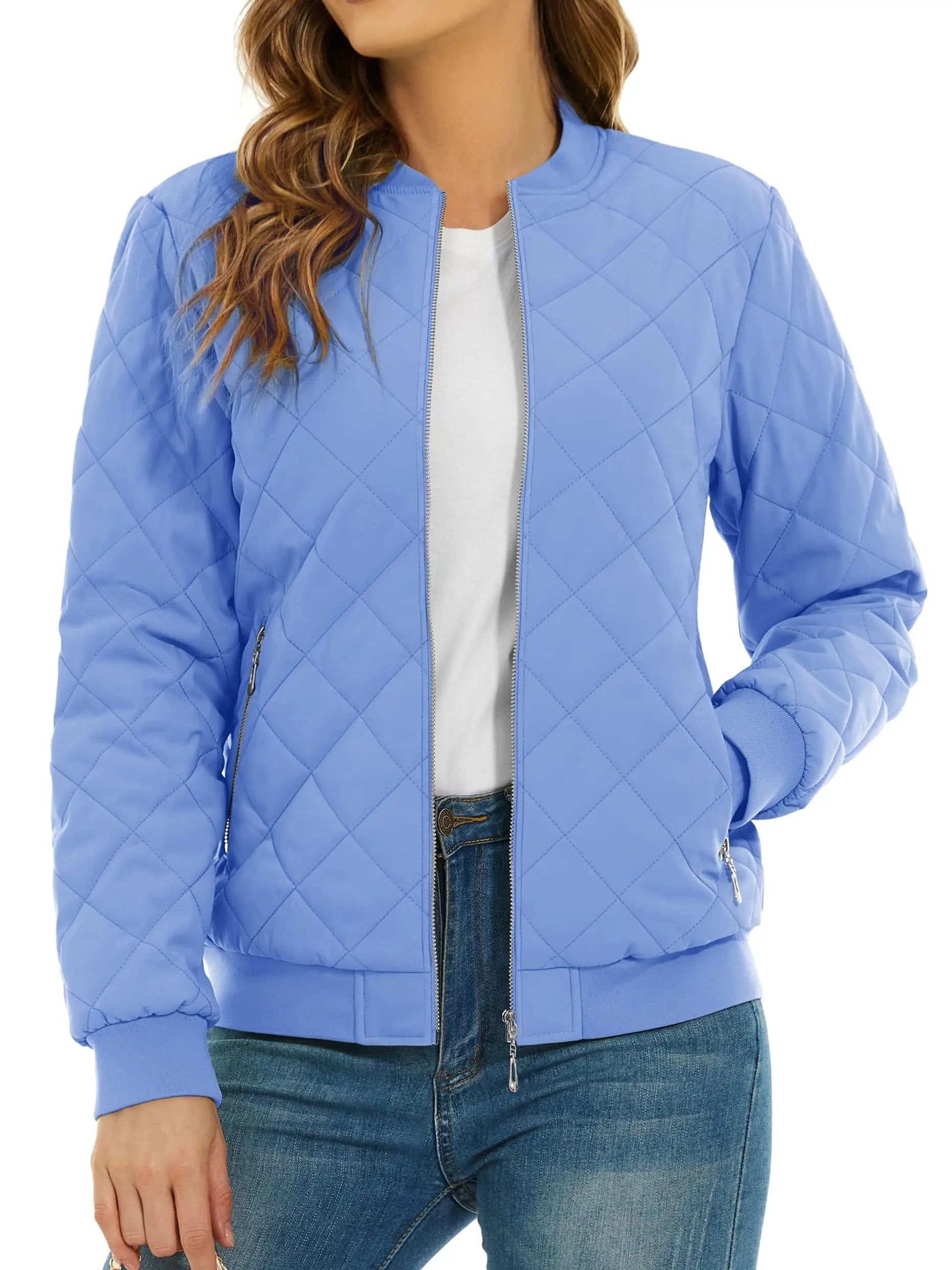 Womens Diamond Quilted Bomber Jacket Full Zip Warm Padded Coat