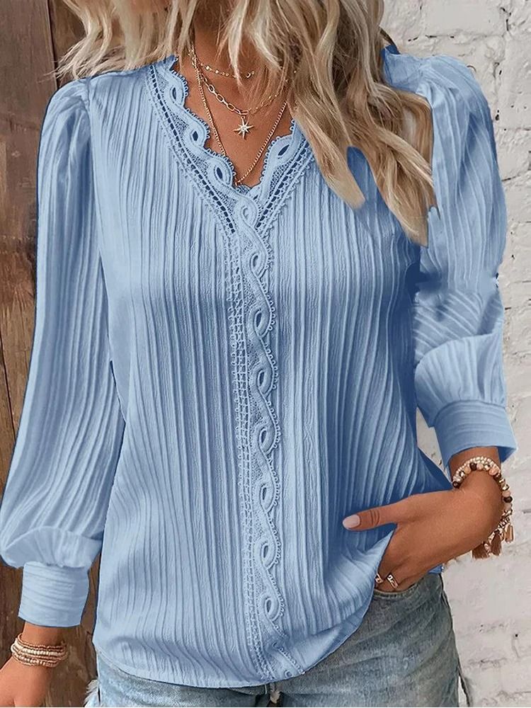 Womens Lace Stitch Pullover Chiffon V Neck Long Sleeve Blouse