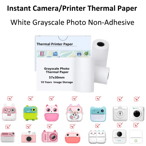 Kids Instant Camera Thermal Paper Refill Rolls, BPA-Free 57by25mm (White, Non-Adhesive)