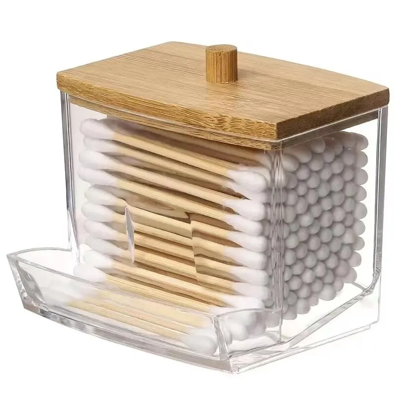 Bamboo Cover Cotton Swab Organizer, Transparent Square Cotton Buds Container