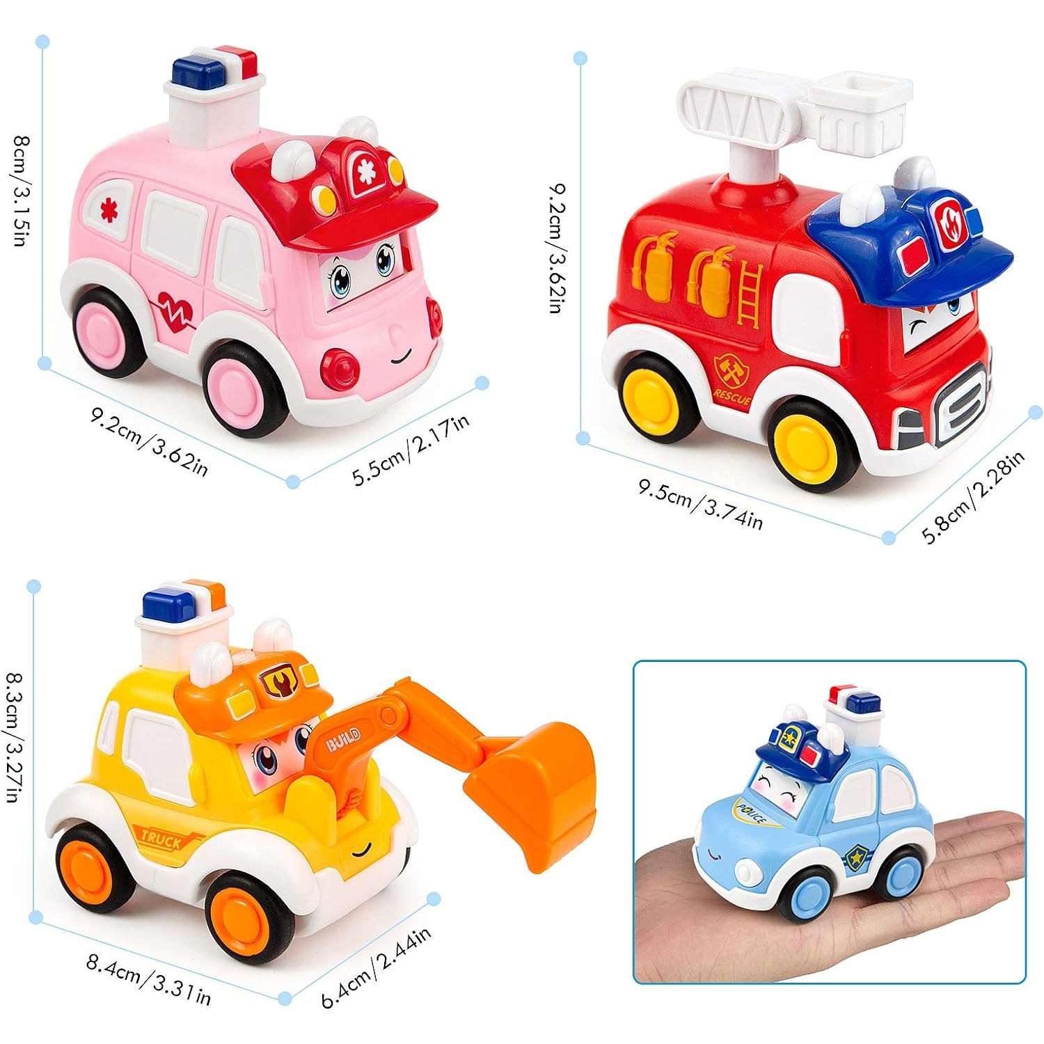 Press and Go Baby Animal Car Toys, Police Car, Fire Truck, Construction Truck, Ambulance for Kids, Toddler Vehicle Toy