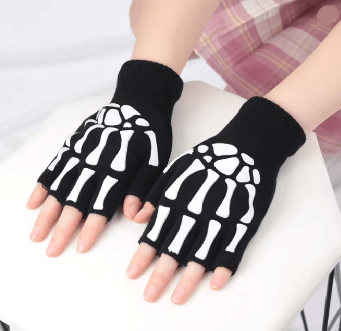 Glowbone Skull Fingerless Gloves