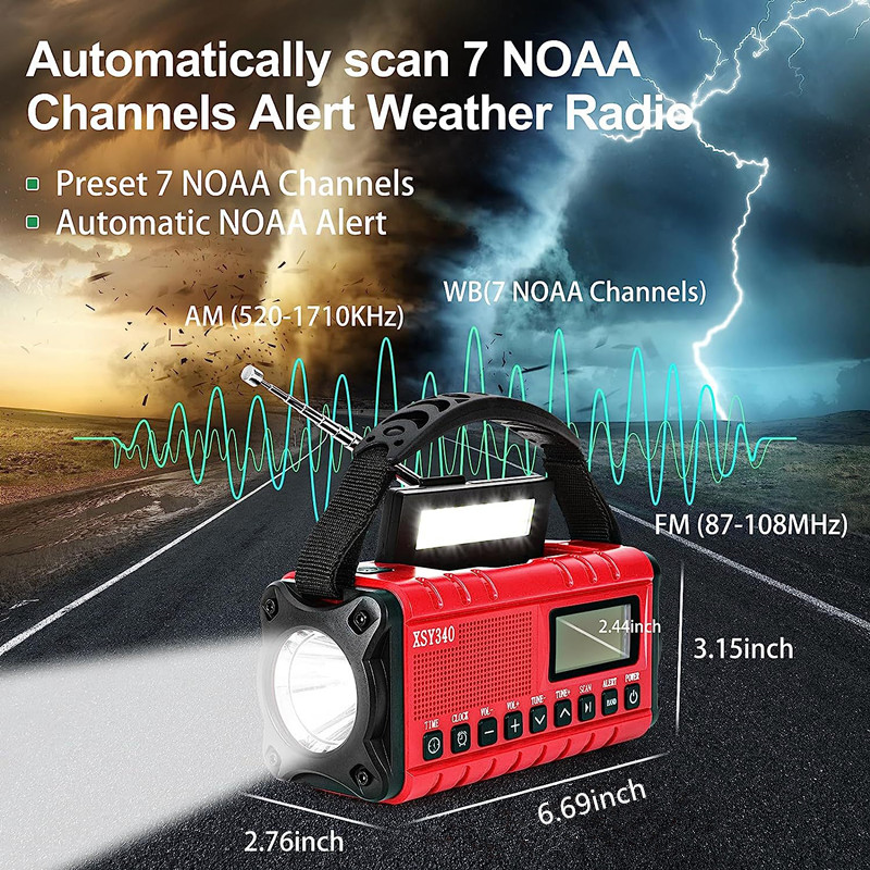 Multifunctional Solar Hand Crank Emergency Radio with Weather Alert, Flashlight, SOS Alarm & USB Charging