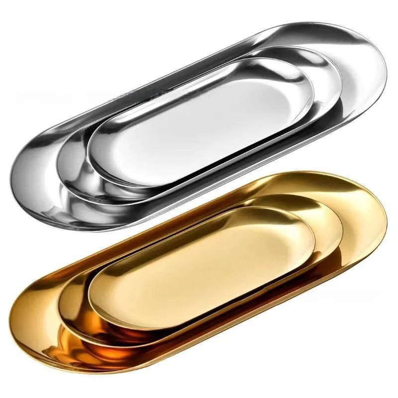 Nordic Oval gold stainless steel serving tray for Snacks, Desserts & Vanity Storage