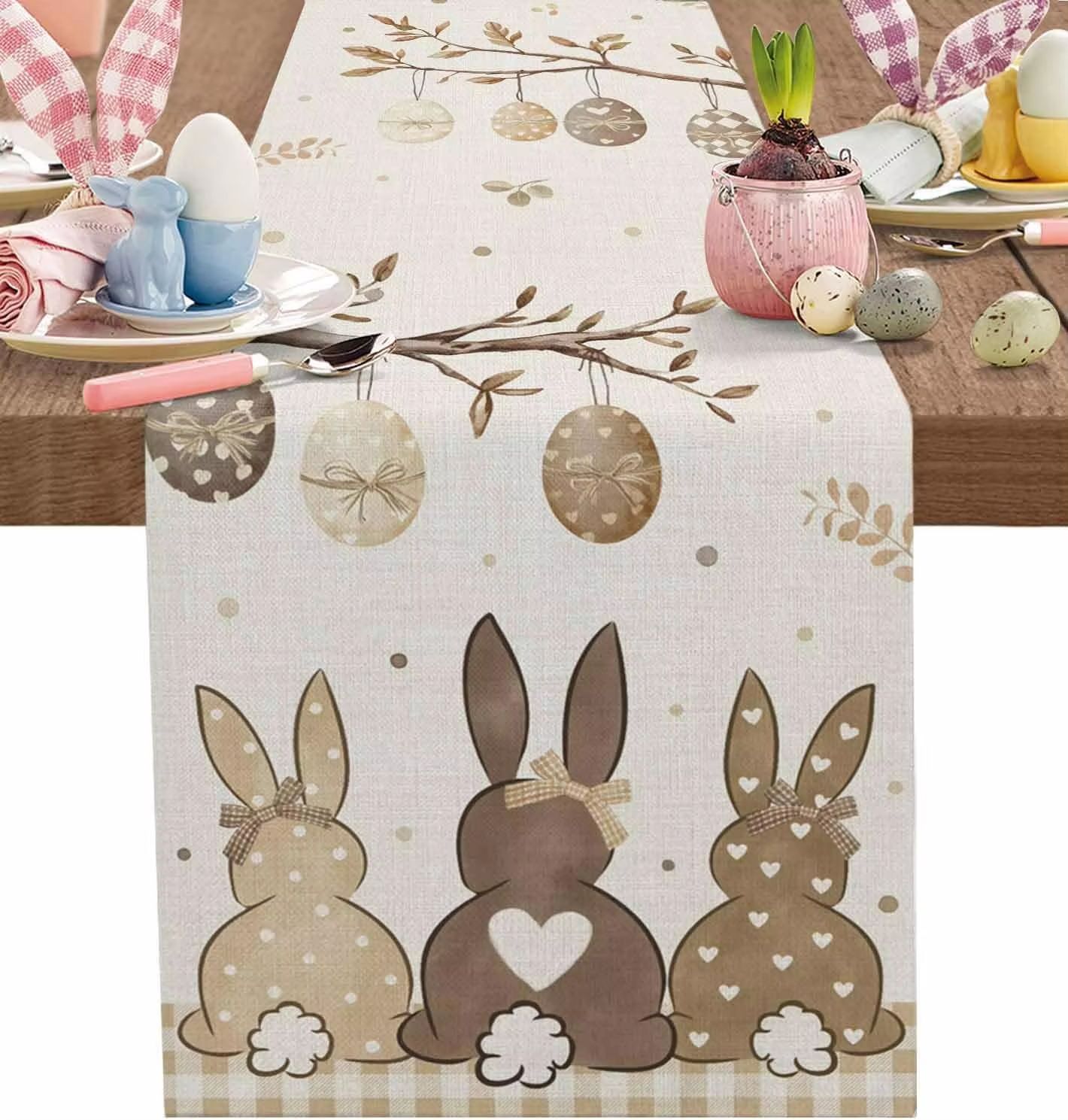 Rustic Easter Bunny Linen Table Runner with Egg Print Spring Decor
