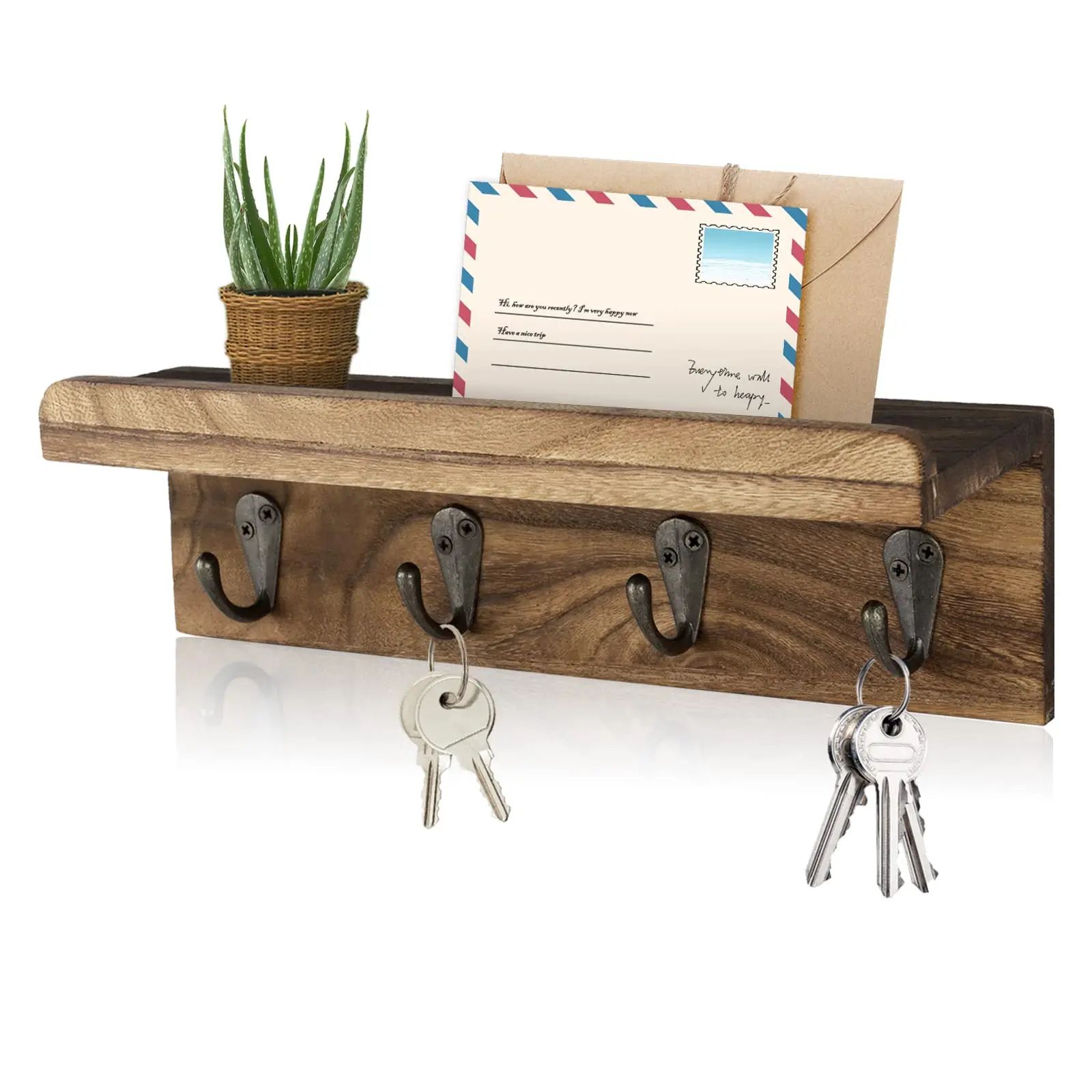 Farmhouse Rustic Wood Key Holder Wall Shelf with Hooks
