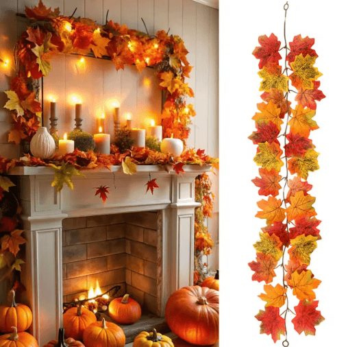 Artificial Maple Leaf Garland – Autumn Vine Decor for Thanksgiving & Halloween