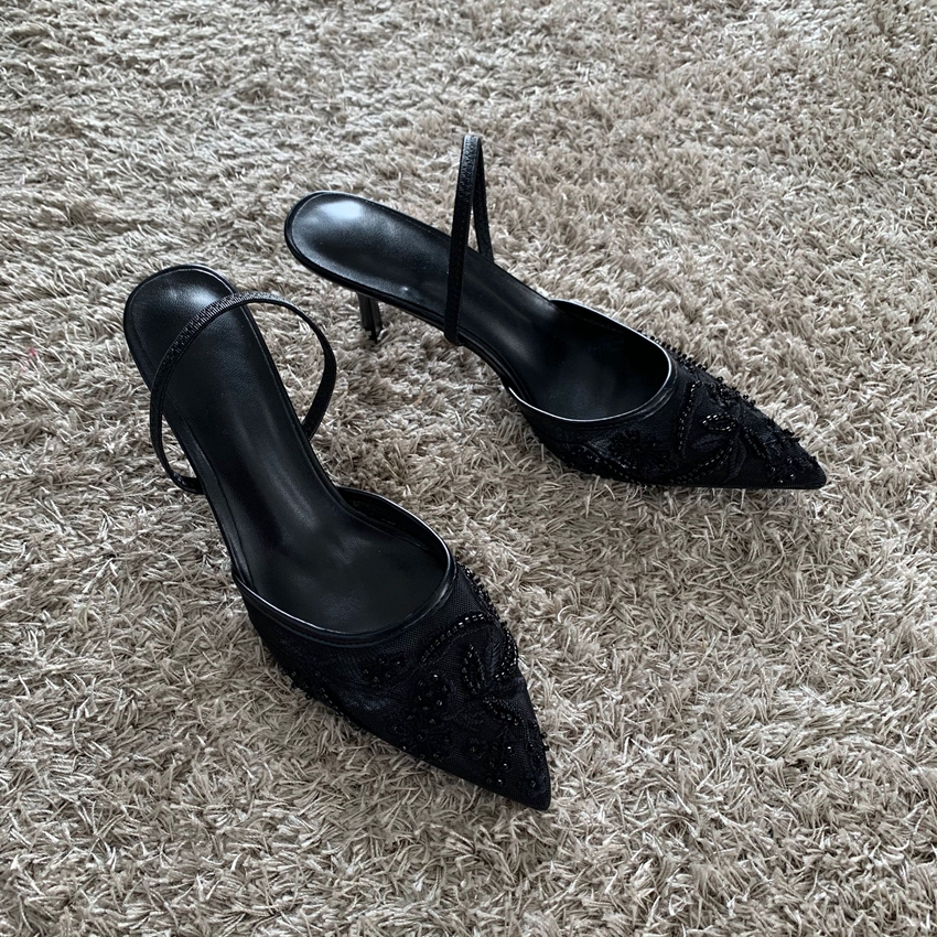 Elegant Pointed Slingback Women Sandals Luxury Brand High Heels Mesh Embroider Party Wedding Bridal Dress Shoes