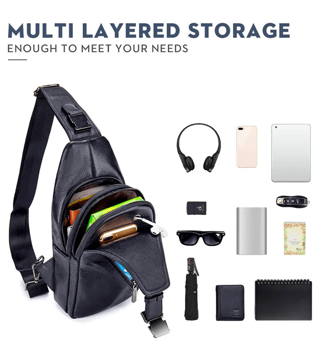 Bullcaptain Mens Leather Chest Bag Multi Function Travel Messenger Crossbody Bag