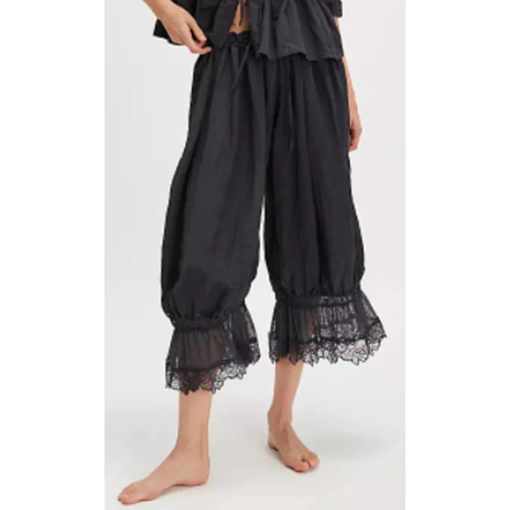 Womens High Waist Cropped Bloomers with Lace Detail and Drawstring Fit