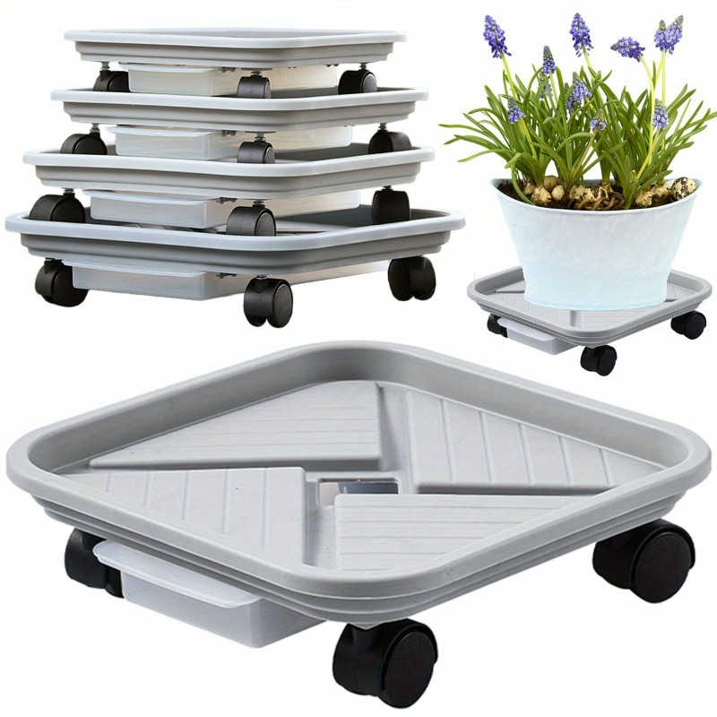 Wheeled Garden Rolling Plant Rack, Four Wheels, Drainage Tray for Square Pots