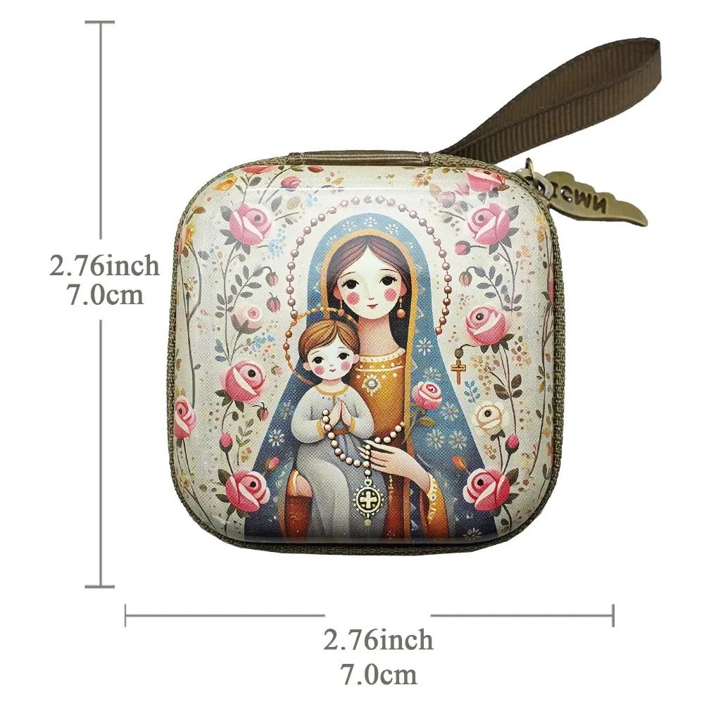 Virgin Mary Prayer Rosary Bag – 2.8 in Zippered Christian Jewelry Box – High-Yield Devotional Interaction Hub