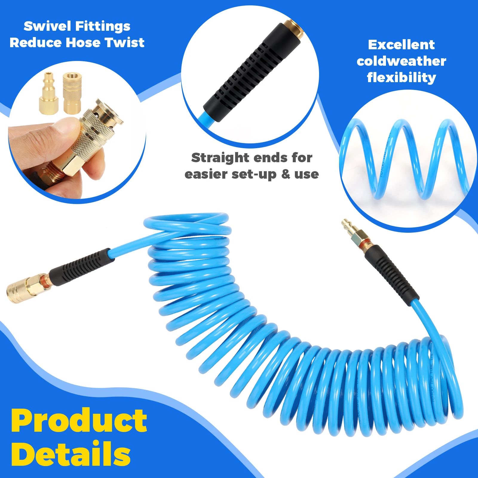 25FT Air Compressor Hose Recoil PU Air Hose with Coupler for Flexible and Tangle Free Use